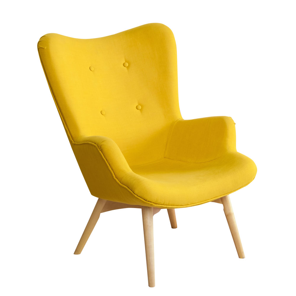 Moderner gelber Sessel mit Holzbeinen im skandinavischen Design für stilvolle Wohnräume