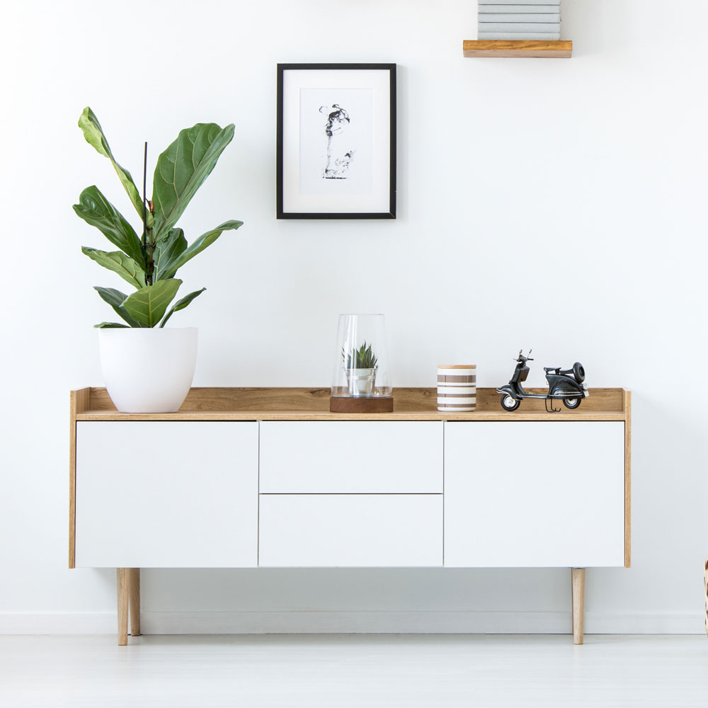 Modernes Sideboard aus Holz mit Zimmerpflanze, Deko und minimalistischem Wandbild in hellem Wohnraum